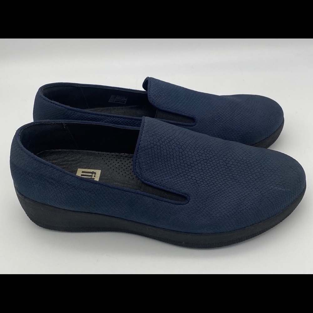 FitFlop SUPERSKATE Snake-Embossed Leather Loafers Size 6 US  BLUE  Gently Worn